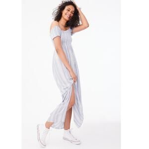 Women's Blue & White Striped Off the Shoulder Maxi Dress